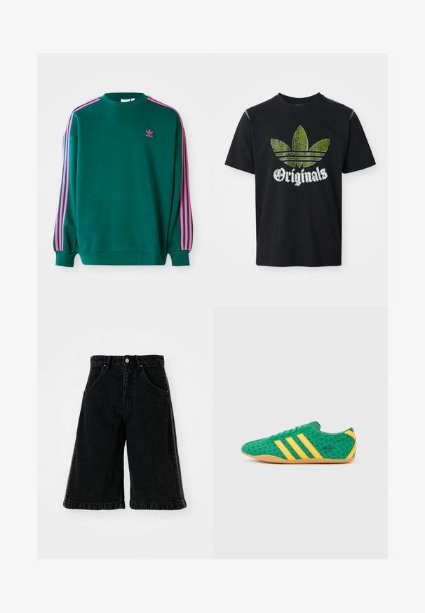 Sudadera verde con mangas largas, cuello redondo, acentos en tres franjas rosas en los hombros y pequeño logo rosa en el pecho. Textura de tela suave.; Camiseta de algodón negra con un gráfico verde desgastado que presenta tres rayas y la palabra "Originales" debajo en blanco, cuello redondo, mangas cortas.; Pantalones cortos de mezclilla negros con un diseño de pierna ancha, que cuentan con una cintura alta, pasadores para cinturón y bolsillos delanteros. Detalles de costura y herrajes minimalistas.; Zapatillas deportivas de tela verde con detalles amarillos y tres franjas, con un patrón en zigzag y suela de goma color caramelo.