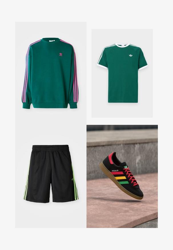 Sweat-shirt vert avec des manches longues, col rond, accents roses à trois bandes sur les épaules, et petit logo rose sur la poitrine. Texture de tissu douce.; T-shirt en coton vert avec des accents blancs, présentant des manches courtes, un col rond et trois rayures blanches sur chaque épaule. Petit logo sur la poitrine.; Shorts de sport noirs avec une taille élastique, présentant deux bandes verticales vert fluo de chaque côté et un petit logo sur le devant à gauche.; Baskets Adidas Spezial noires avec des rayures rouges, jaunes et vertes, des lacets rouges, une semelle gomme et un détail rouge au talon, flottant au-dessus du trottoir.