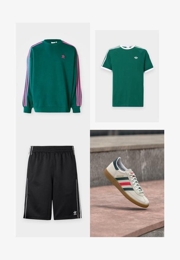 Grøn sweatshirt med lange ærmer, rund hals, pink tre-stribede detaljer på skuldrene og lille pink logo på brystet. Blødt stof.; Grøn bomulds t-shirt med hvide detaljer, der har korte ærmer, en rund halsudskærmning og tre hvide striber på hver skulder. Lille logo på brystet.; Sorte Adidas sportsshorts med hvide siderstriber, elastisk taljebånd, sidelommer og Adidas-logo på den nederste venstre ben.; Hvid Adidas sneaker med grønne og røde striber, gummisål og "SPEZIAL" branding, der svæver over stensat belægning.
