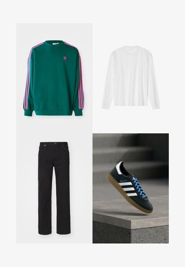 Grøn sweatshirt med lange ærmer, rund hals, pink tre-stribede detaljer på skuldrene og lille pink logo på brystet. Blødt stof.; Hvid, langærmet t-shirt i bomuld med rund hals, med ribbede ærmeafslutninger og en lige kant, glat tekstur og minimalistisk design.; Sorte denimjeans med lige ben, forlommer, bæltestropper og knaplukning på ensfarvet baggrund.; Sort Adidas sneaker med hvide striber, blå snørebånd og gummisål, der svæver over gråt betontrin i blødt lys.