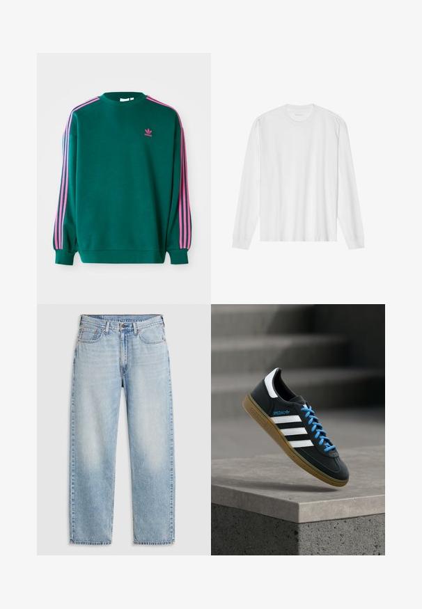 Grøn sweatshirt med lange ærmer, rund hals, pink tre-stribede detaljer på skuldrene og lille pink logo på brystet. Blødt stof.; Hvid, langærmet t-shirt i bomuld med rund hals, med ribbede ærmeafslutninger og en lige kant, glat tekstur og minimalistisk design.; Lyseblå lige jeans med fem lommer, metalknaplukning og falmede detaljer ved lårene og knæene, lagt fladt på hvid baggrund.; Sort Adidas sneaker med hvide striber, blå snørebånd og gummisål, der svæver over gråt betontrin i blødt lys.