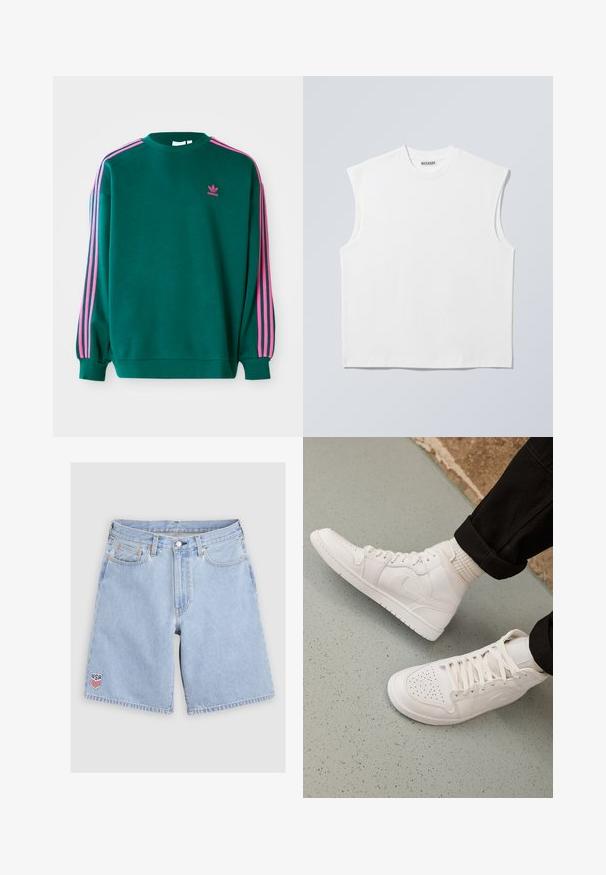 Grøn sweatshirt med lange ærmer, rund hals, pink tre-stribede detaljer på skuldrene og lille pink logo på brystet. Blødt stof.; Hvid ærmeløs bomulds top med rund hals og markerede skulderpartier, mærket "WEEKDAY" på halsmærket, vist på lys grå baggrund.; Lyseblå denimshorts med forlommer, bæltestropper, knaplukning og et lille USA-skjoldmærke på venstre ben.; Hvide høj-top sneakers lavet af glat læder med perforeret tå, snørelukning og subtil logo detaljer på siden. Tekstureret gummisål.