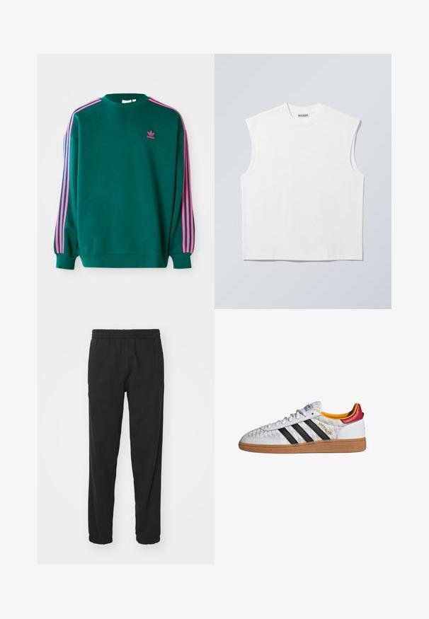 Grøn sweatshirt med lange ærmer, rund hals, pink tre-stribede detaljer på skuldrene og lille pink logo på brystet. Blødt stof.; Hvid ærmeløs bomulds top med rund hals og markerede skulderpartier, mærket "WEEKDAY" på halsmærket, vist på lys grå baggrund.; Sorte letvægts joggerbukser med elastisk talje, tætsiddende ben, samlede manchetter og sidelommer for øget funktionalitet.; Hvid Adidas Spezial sneaker med sorte striber, gummisål, quiltet mønster, rød hælflap og gul inderfor, set fra siden.