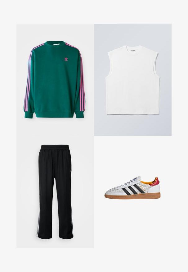 Grøn sweatshirt med lange ærmer, rund hals, pink tre-stribede detaljer på skuldrene og lille pink logo på brystet. Blødt stof.; Hvid ærmeløs bomulds top med rund hals og markerede skulderpartier, mærket "WEEKDAY" på halsmærket, vist på lys grå baggrund.; Sorte træningsbukser med elastisk talje, der har hvide sidestænger og et lille logo. Materialet ser blødt og let ud.; Hvid Adidas Spezial sneaker med sorte striber, gummisål, quiltet mønster, rød hælflap og gul inderfor, set fra siden.