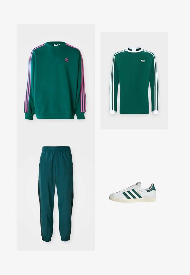 Sudadera verde con mangas largas, cuello redondo, acentos en tres franjas rosas en los hombros y pequeño logo rosa en el pecho. Textura de tela suave.; Camisa de algodón verde de manga larga con cuello y puños blancos, que presenta tres rayas blancas en cada manga y un pequeño logotipo blanco en el pecho.; Pantalones deportivos en color verde azulado con cintura ajustable por cordón, puños elásticos y rayas negras en los lados. Fabricados con un tejido ligero, presentan un logo cerca de la cadera.; Deportiva blanca con diseño de tres rayas verdes, suela de goma texturizada, punta redonda y lengüeta perforada. Presenta la marca "Gazelle" en dorado.