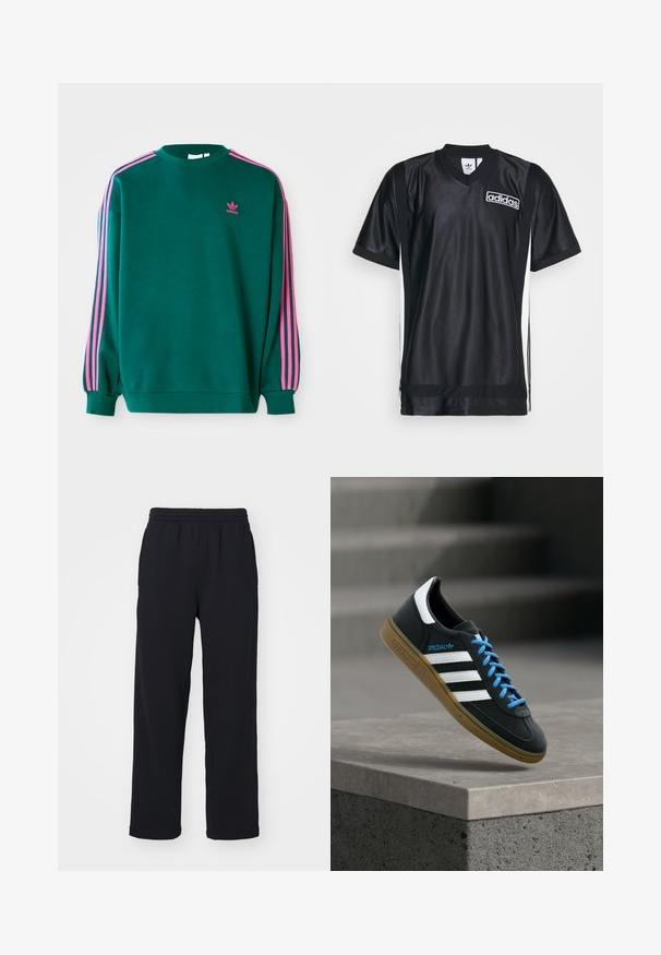 Sudadera verde con mangas largas, cuello redondo, acentos en tres franjas rosas en los hombros y pequeño logo rosa en el pecho. Textura de tela suave.; Jersey deportivo negro hecho de una tela brillante y suave con escote en V, que presenta rayas laterales blancas y un logo de Adidas en el pecho.; Pantalones de chándal negros con cinturilla elástica, piernas rectas y detalles cosidos. Hechos de una tela suave y texturizada.; Zapatilla negra Adidas con franjas blancas, cordones azules y suela de goma flotando sobre un escalón de hormigón gris con luz suave.