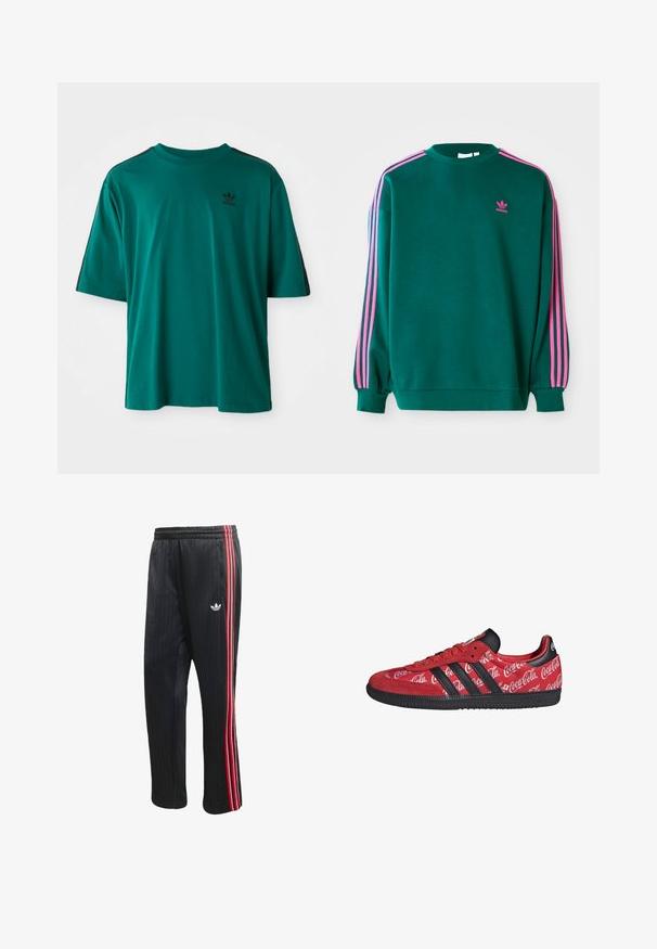 Sudadera verde con mangas largas, cuello redondo, acentos en tres franjas rosas en los hombros y pequeño logo rosa en el pecho. Textura de tela suave.; Camiseta de algodón en color verde azulado, con mangas cortas, cuello redondo y rayas laterales negras. Presenta un pequeño logotipo negro en el pecho.; Pantalones deportivos negros con textura acanalada vertical, con franjas laterales en rojo y blanco y un pequeño logotipo blanco en la pierna izquierda.; Zapatilla roja Adidas con rayas negras y suela, con logotipos blancos de Coca-Cola por toda la parte superior de tela.