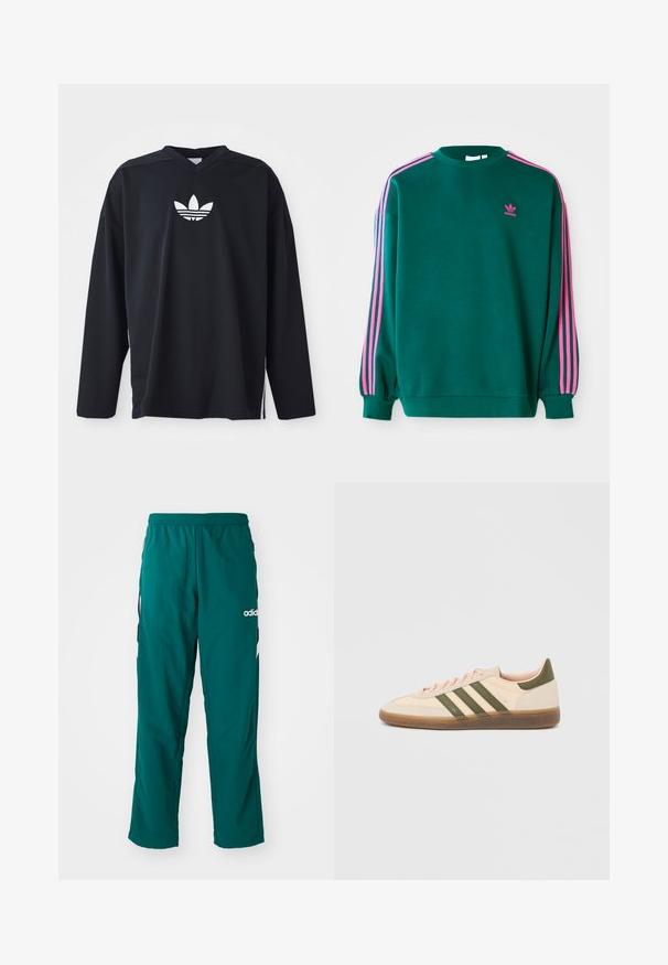 Sweat-shirt vert avec des manches longues, col rond, accents roses à trois bandes sur les épaules, et petit logo rose sur la poitrine. Texture de tissu douce.; Jersey noir à manches longues en tissu mesh, avec un col en V et logo trefoil blanc d'Adidas sur la poitrine. Fentes latérales à l'ourlet.; Pantalons de sport verts en tissu léger, dotés d'une taille élastique, de poches latérales et du logo Adidas blanc sur le côté gauche.; Baskets beige discrètes Adidas Spezial avec des bandes vertes, une semelle en caoutchouc et le logo "SPEZIAL" sur le côté, vues de l'extérieur.