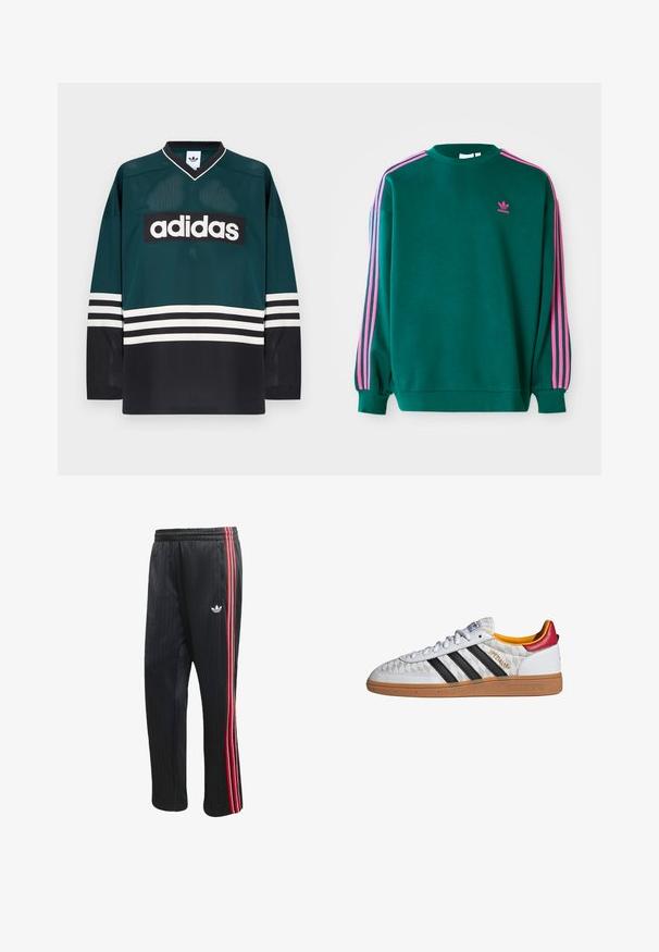 Sudadera verde con mangas largas, cuello redondo, acentos en tres franjas rosas en los hombros y pequeño logo rosa en el pecho. Textura de tela suave.; Camiseta Adidas verde y negra con cuello en V, mangas largas, textura de malla y un audaz logo blanco en el pecho con detalles a rayas.; Pantalones deportivos negros con textura acanalada vertical, con franjas laterales en rojo y blanco y un pequeño logotipo blanco en la pierna izquierda.; Zapatilla Adidas Spezial blanca con rayas negras, suela de goma, patrón acolchado, lengüeta roja en el talón y forro interior amarillo, vista lateral.