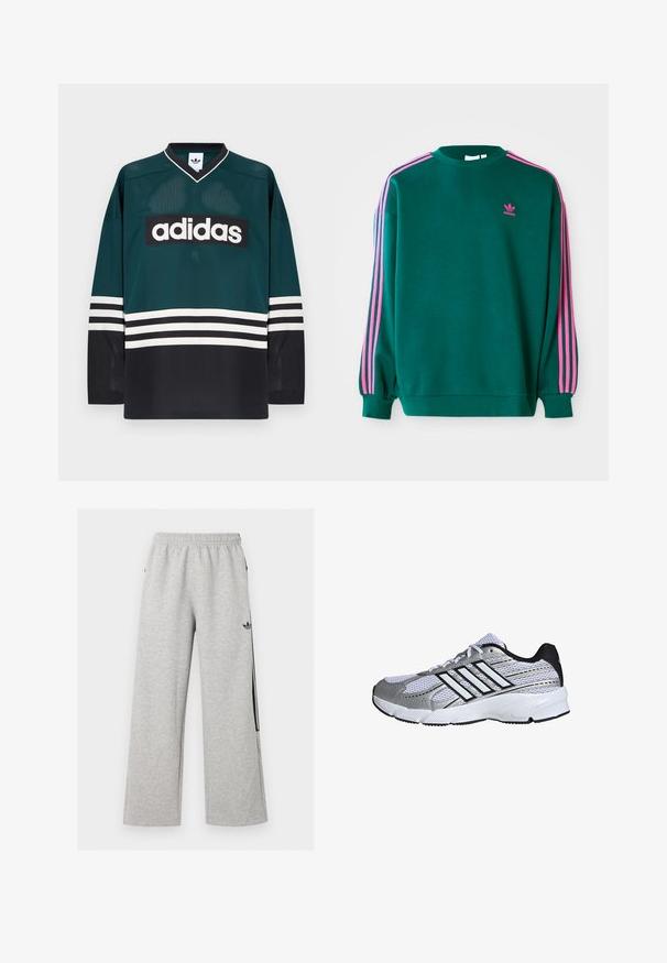 Grøn sweatshirt med lange ærmer, rund hals, pink tre-stribede detaljer på skuldrene og lille pink logo på brystet. Blødt stof.; Grøn og sort Adidas-trøje med V-udskæring, lange ærmer, meshtekstur og en markant hvid logo på brystet med stribede detaljer.; Lysegrå vidtløftede joggingbukser med elastisk talje og sort Adidas trefoil-logo på højre lår.; Mesh atletik sko i hvid og sølv, med sorte detaljer, tre hvide striber logo, polstret krave og tekstureret gummisål.