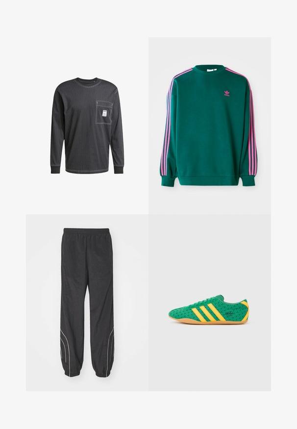 Πράσινο sweatshirt με μακριά μανίκια, στρογγυλή λαιμόκοψη, ροζ τρεις-γραμμές λεπτομέρειες στους ώμους και μικρό ροζ λογότυπο στο στήθος. Μαλακή υφή υφάσματος.; Μαύρο μακρυμάνικο πουκάμισο με λευκές κατακόρυφες ρίγες, στρογγυλή λαιμόκοψη, τσέπη μπροστά και γκρι ταμπέλα στην τσέπη. Υφασμένο από βαμβακερό ύφασμα βαρύ.; Μαύρο παντελόνι windbreaker με ελαστική μέση, σφικτούς манίκες και λευκές λεπτομέρειες στις πλευρές. Κατασκευασμένο από ελαφρύ, υφασμάτινο υλικό.; Πράσινα υφασμάτινα αθλητικά παπούτσια με κίτρινες λεπτομέρειες και τρεις ρίγες, με ζιγκ ζαγκ μοτίβο και σόλα από καουτσούκ χρώματος τσίχλας.