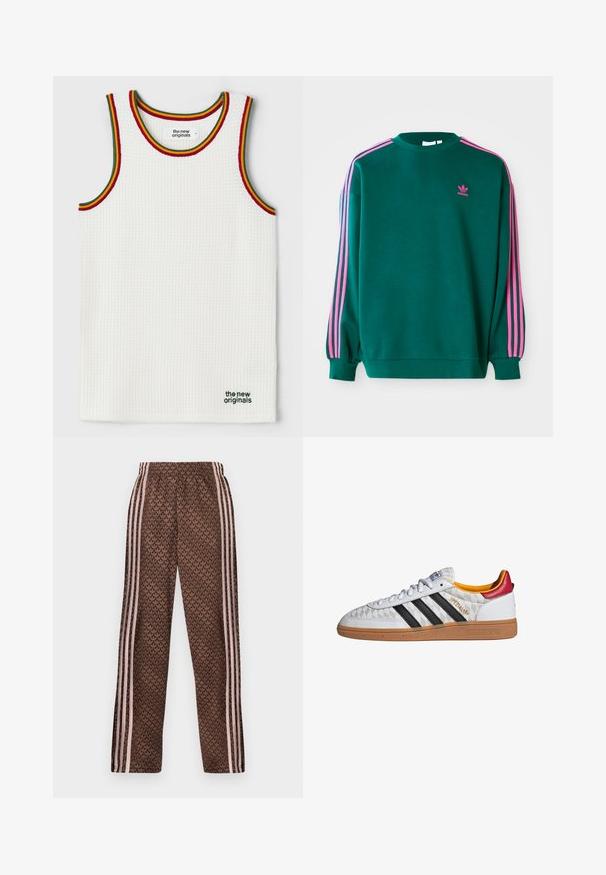 Grüner Sweatshirt mit langen Ärmeln, Rundhalsausschnitt, rosa drei Streifen Akzenten an den Schultern und kleinem rosa Logo auf der Brust. Weiche Stoffstruktur.; Weißes Tanktop mit einer strukturierten, gerippten Musterung. Abgerundet mit grünen, roten und gelben Akzenten. Das Etikett trägt die Aufschrift "the new originals" in grün.; Braune Jogginghose mit hellrosa vertikalen Streifen an den Seiten und einem sich wiederholenden Blattmuster überall, elastischer Bund, gerade Beinform.; Weißer Adidas Spezial Sneaker mit schwarzen Streifen, Gummisohle, gestepptem Muster, rotem Fersenlaschen und gelber Innenausstattung, Seitenansicht.