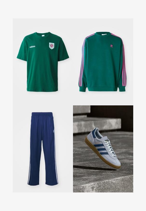Grøn sweatshirt med lange ærmer, rund hals, pink tre-stribede detaljer på skuldrene og lille pink logo på brystet. Blødt stof.; Grøn bomulds T-shirt med rund hals, korte ærmer, Adidas-logo på venstre side og et cirkulært mærke med et rødt design på højre side.; Marineblå sportbukser med en afslappet pasform, udstyret med hvide sidestativer og elastisk talje. Glat stof, ingen synlige mønstre eller hardware.; Lyseblå Adidas Spezial sneakers med marineblå striber og gummisål, vist i luften over betontrapper i et neutralt udendørsmiljø.