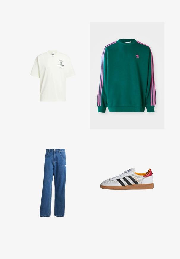 Grüner Sweatshirt mit langen Ärmeln, Rundhalsausschnitt, rosa drei Streifen Akzenten an den Schultern und kleinem rosa Logo auf der Brust. Weiche Stoffstruktur.; Weißes Baumwoll-T-Shirt mit Rundhalsausschnitt, kurzen Ärmeln und einem grafischen Druck mit "Adidas" und "Los Angeles" in Grün.; Blaue hohe, weite Jeans mit Fronttaschen, Gürtelschlaufen, Knopfverschluss und kleinem Adidas-Logo am rechten Oberschenkel.; Weißer Adidas Spezial Sneaker mit schwarzen Streifen, Gummisohle, gestepptem Muster, rotem Fersenlaschen und gelber Innenausstattung, Seitenansicht.