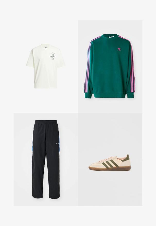 Groene sweatshirt met lange mouwen, ronde hals, roze drievoudige strepen accenten op de schouders en een klein roze logo op de borst. Zachte stoftextuur.; Witte katoenen t-shirt met een ronde hals, korte mouwen en een grafische print met "Adidas" en "Los Angeles" in het groen.; Zwarte sportbroeken met een elastische tailleband, voorzien van blauwe en witte grafische accenten aan de zijkanten en een geborduurd logo.; Beige Adidas Spezial sneaker met een laag profiel, groene strepen, een gumkleurige zool en "SPEZIAL" branding aan de zijkant, gezien vanaf de buitenzijde.