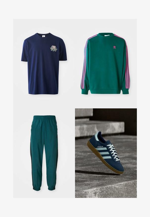 Sudadera verde con mangas largas, cuello redondo, acentos en tres franjas rosas en los hombros y pequeño logo rosa en el pecho. Textura de tela suave.; Camiseta de algodón azul marino de manga corta, con cuello redondo y logo bordado con acentos de laurel en el lado izquierdo del pecho.; Pantalones deportivos en color verde azulado con cintura ajustable por cordón, puños elásticos y rayas negras en los lados. Fabricados con un tejido ligero, presentan un logo cerca de la cadera.; Zapatilla azul Adidas Spezial con rayas y cordones blancos, suela de goma, flotando sobre una superficie de hormigón rugosa y escaleras de fondo.