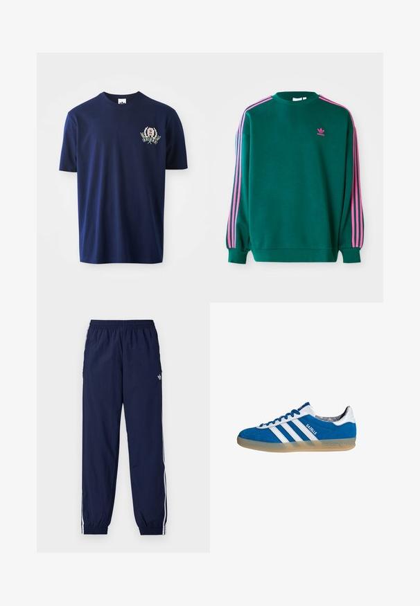 Grüner Sweatshirt mit langen Ärmeln, Rundhalsausschnitt, rosa drei Streifen Akzenten an den Schultern und kleinem rosa Logo auf der Brust. Weiche Stoffstruktur.; Navyblaue Baumwoll-T-Shirts mit kurzen Ärmeln, Rundhalsausschnitt und gesticktem Logo mit Lorbeerakzenten auf der linken Brust.; Marineblaue Trainingshose aus leichtem Stoff, mit weißen Streifen an den Seiten, einem elastischen Bund und einem kleinen Logo.; Blauer und weißer Adidas Gazelle Sneaker mit Gummisohle und drei weißen Streifen, aus der Seitenansicht auf weißem Hintergrund.