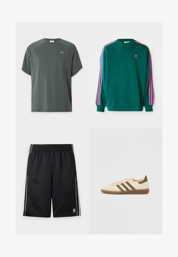Πράσινο sweatshirt με μακριά μανίκια, στρογγυλή λαιμόκοψη, ροζ τρεις-γραμμές λεπτομέρειες στους ώμους και μικρό ροζ λογότυπο στο στήθος. Μαλακή υφή υφάσματος.; Σκούρο πράσινο κοντομάνικο μπλουζάκι με στρογγυλή λαιμόκοψη και μικρό λογότυπο της Adidas στο αριστερό στήθος, πάνω σε απλό ανοιχτό φόντο.; Μαύρο αθλητικό σορτς Adidas με λευκές ρίγες στα πλάγια, ελαστική μέση, πλαϊνές τσέπες και λογότυπο Adidas στο κάτω αριστερό πόδι.; Χαμηλού προφίλ μπεζ αθλητικό παπούτσι Adidas Spezial με πράσινες ρίγες, σόλα από καουτσούκ και την επωνυμία "SPEZIAL" στην πλευρά, εμφανίζεται από την εξωτερική πλευρά.