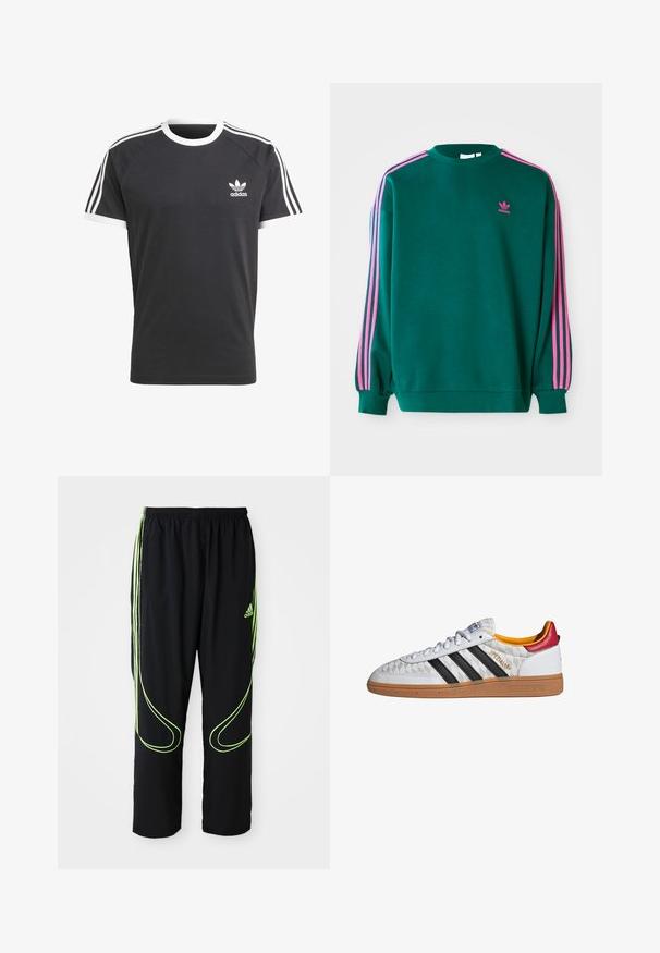 Sudadera verde con mangas largas, cuello redondo, acentos en tres franjas rosas en los hombros y pequeño logo rosa en el pecho. Textura de tela suave.; Camiseta negra con cuello y ribetes de las mangas en blanco, que presenta tres franjas horizontales blancas en cada hombro y un pequeño logo de Adidas en blanco.; Pantalones deportivos Adidas negros con líneas curvas en verde neón y tres franjas en los laterales, cinturilla elástica y logo de Adidas en el muslo delantero.; Zapatilla Adidas Spezial blanca con rayas negras, suela de goma, patrón acolchado, lengüeta roja en el talón y forro interior amarillo, vista lateral.