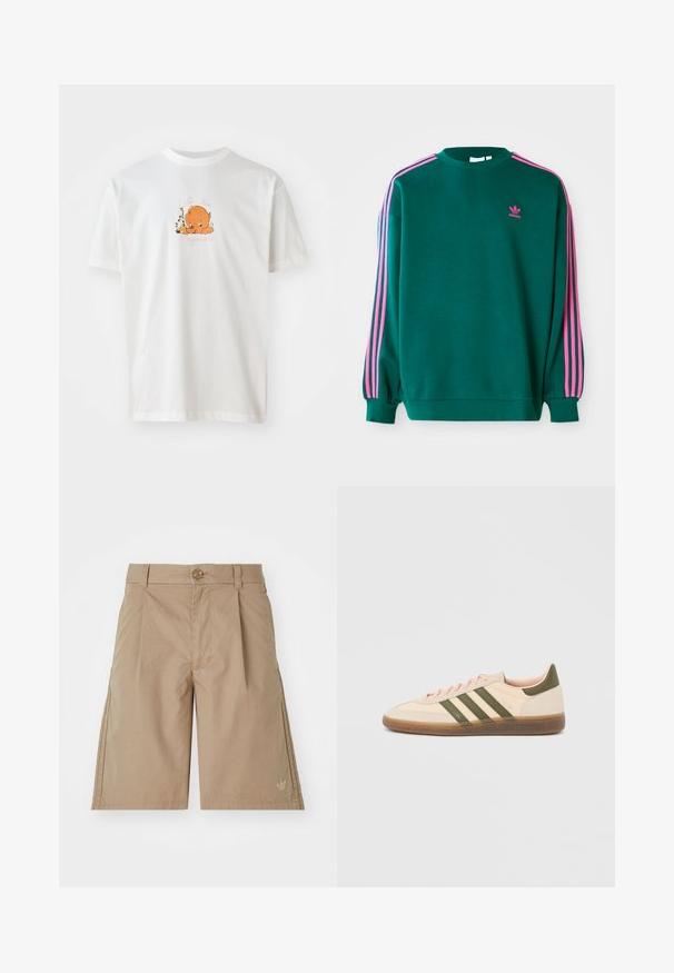 Grøn sweatshirt med lange ærmer, rund hals, pink tre-stribede detaljer på skuldrene og lille pink logo på brystet. Blødt stof.; Hvid bomulds t-shirt med rund halsudskæring. Forsiden viser en orange tegneseriefigur omgivet af blomster og tekst i pink.; Beige bomulds shorts med lige snit, frontfald og en enkelt knaplukning. Har et diskret logo på den nederste venstre side.; Beige Adidas Spezial sneaker med lav profil, grønne striber, gummisål og "SPEZIAL"-branding på siden, vist fra ydersiden.