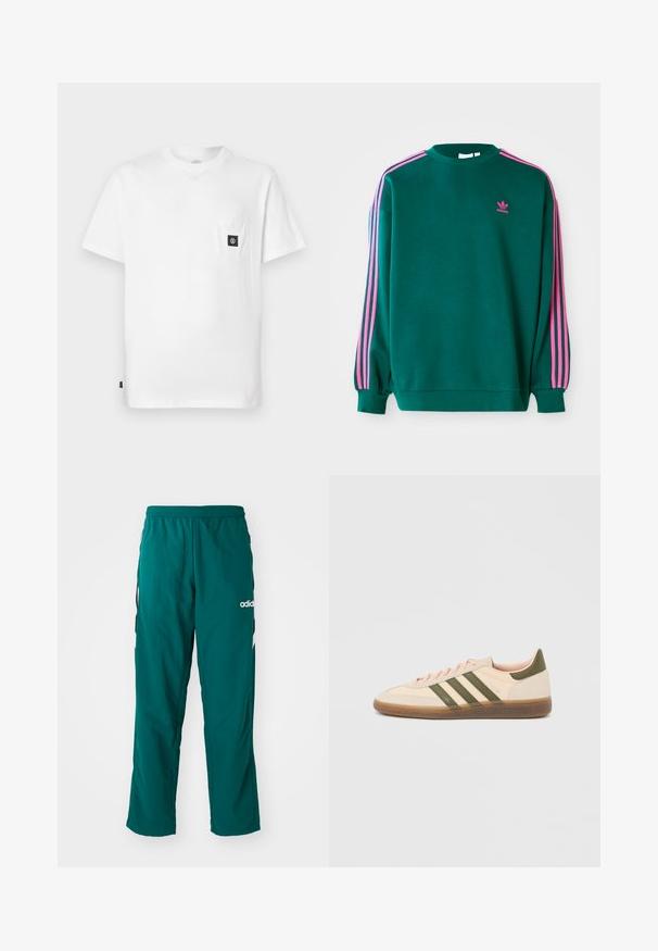 Grøn sweatshirt med lange ærmer, rund hals, pink tre-stribede detaljer på skuldrene og lille pink logo på brystet. Blødt stof.; Hvid bomulds T-shirt med rund halsudskæring, korte ærmer og en brystlomme med en sort logopatch. Glat tekstur, løs pasform.; Grønne træningsbukser lavet af letvægtsstof, med elastisk talje, sidelommer og hvidt Adidas-logo på venstre side.; Beige Adidas Spezial sneaker med lav profil, grønne striber, gummisål og "SPEZIAL"-branding på siden, vist fra ydersiden.