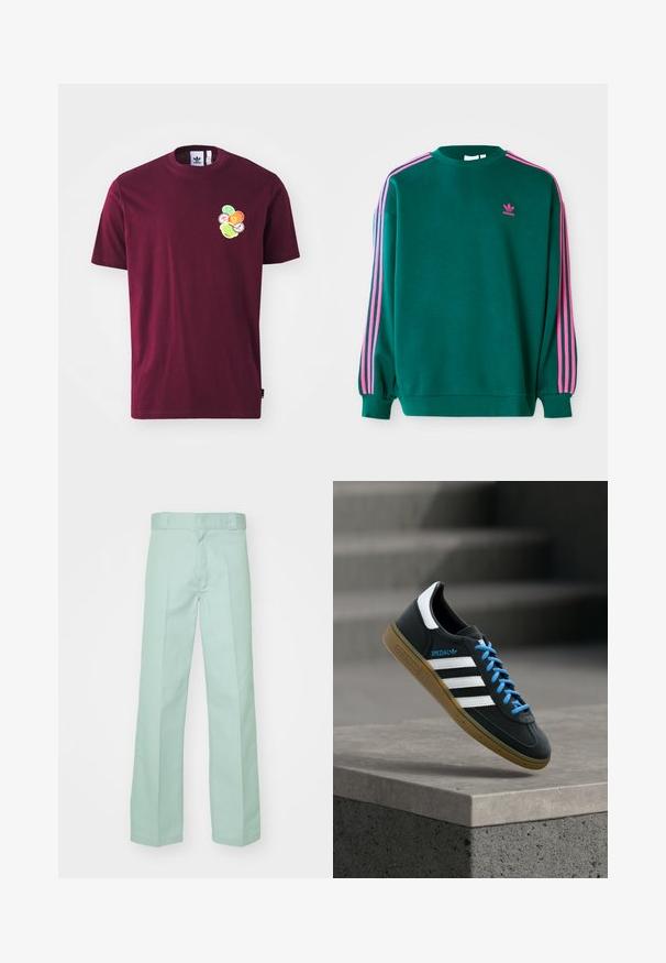 Grøn sweatshirt med lange ærmer, rund hals, pink tre-stribede detaljer på skuldrene og lille pink logo på brystet. Blødt stof.; Mørkerød bomulds t-shirt med korte ærmer og rund hals. Indeholder en broderet grafik på venstre bryst, inklusive farverige cirkulære design.; Lysegrønne bukser lavet af bomuld med lige ben-design, der har en glat overflade og standard talje med bæltesløjfer.; Sort Adidas sneaker med hvide striber, blå snørebånd og gummisål, der svæver over gråt betontrin i blødt lys.