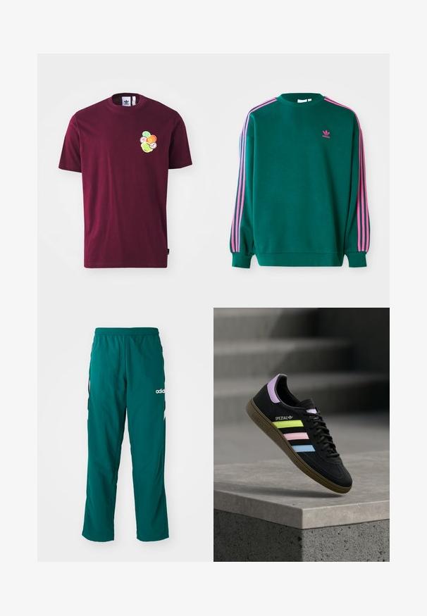 Grüner Sweatshirt mit langen Ärmeln, Rundhalsausschnitt, rosa drei Streifen Akzenten an den Schultern und kleinem rosa Logo auf der Brust. Weiche Stoffstruktur.; Bordeauxfarbendes Baumwoll-T-Shirt mit kurzen Ärmeln und Rundhalsausschnitt. Mit einem gestickten Grafikmotiv auf der linken Brust, das bunte, kreisförmige Designs umfasst.; Grüne Sporthose aus leichtem Material, mit elastischem Bund, seitlichen Taschen und weißem Adidas-Logo auf der linken Seite.; Schwarzer Adidas Spezial Sneaker mit pastellgelben, pinken und blauen Streifen, lavendelfarbenem Fersenlaschen und brauner Sohle, schwebend über einer Betonkante.