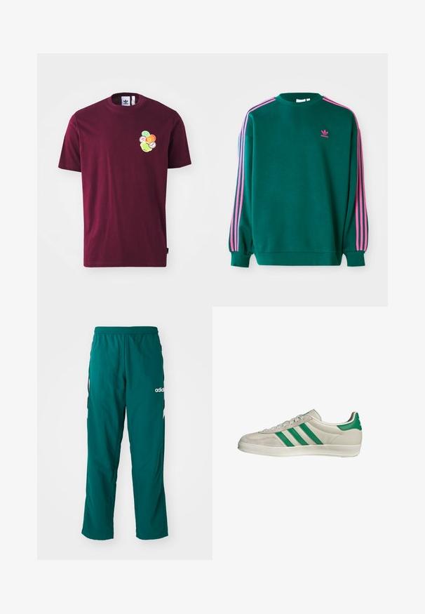 Grüner Sweatshirt mit langen Ärmeln, Rundhalsausschnitt, rosa drei Streifen Akzenten an den Schultern und kleinem rosa Logo auf der Brust. Weiche Stoffstruktur.; Bordeauxfarbendes Baumwoll-T-Shirt mit kurzen Ärmeln und Rundhalsausschnitt. Mit einem gestickten Grafikmotiv auf der linken Brust, das bunte, kreisförmige Designs umfasst.; Grüne Sporthose aus leichtem Material, mit elastischem Bund, seitlichen Taschen und weißem Adidas-Logo auf der linken Seite.; Beige Sneaker mit grünen Streifen, ausgestattet mit einer weißen Sohle und einem Obermaterial aus glattem Leder. Seitenansicht, die die Schnürdetails und das Logo hervorhebt.
