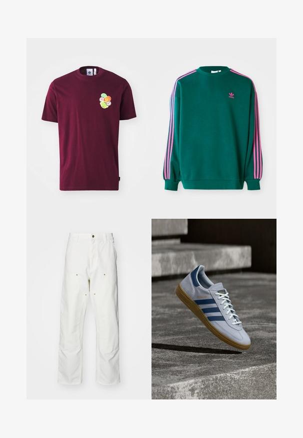 Groene sweatshirt met lange mouwen, ronde hals, roze drievoudige strepen accenten op de schouders en een klein roze logo op de borst. Zachte stoftextuur.; Bordeaux katoen T-shirt met korte mouwen en een ronde hals. Voorzien van een geborduurd ontwerp op de linkerkant van de borst, inclusief kleurrijke cirkelvormige patronen.; Witte katoenen cargobroeken met een relaxte pasvorm. Kenmerken zijn onder andere voorzakken, gouden hardware accenten en versterkte kniezones.; Lichtblauwe Adidas Spezial sneaker met marineblauwe strepen en rubberen zool, getoond in de lucht boven betonnen trappen in een neutrale buitenomgeving.