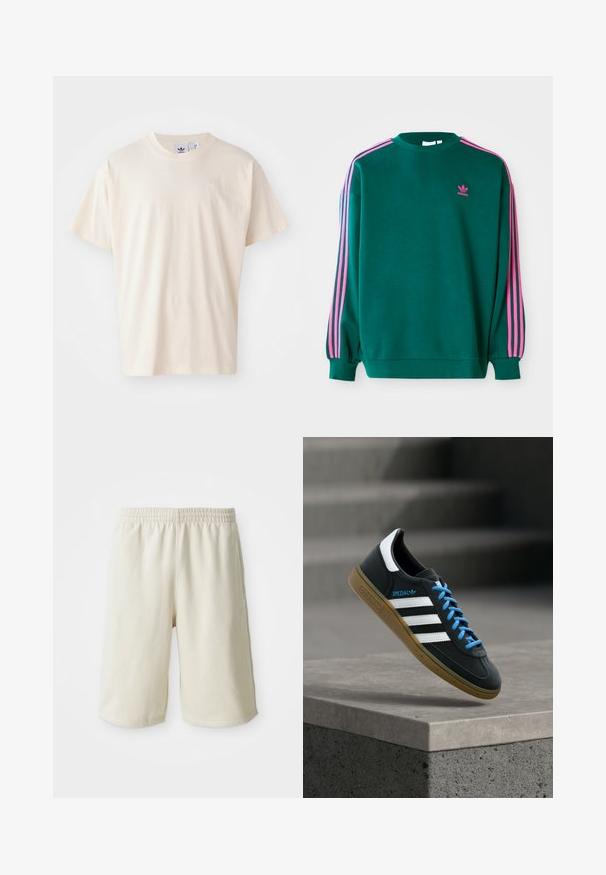Πράσινο sweatshirt με μακριά μανίκια, στρογγυλή λαιμόκοψη, ροζ τρεις-γραμμές λεπτομέρειες στους ώμους και μικρό ροζ λογότυπο στο στήθος. Μαλακή υφή υφάσματος.; Κρέμα βαμβακερό μπλουζάκι με στρογγυλή λαιμόκοψη και κοντά μανίκια; διαθέτει ένα μικρό, ανοιχτόχρωμο λογότυπο στο στήθος.; Αθλητικές σορτς σε ανοιχτό μπεζ χρώμα με ελαστική μέση, λεία υφή και διακριτική λεπτομέρεια λογότυπου στην κάτω αριστερή πλευρά. Χωρίς τσέπες.; Μαύρο αθλητικό παπούτσι Adidas με λευκές ρίγες, μπλε κορδόνια και καουτσούκ σόλα να αιωρείται πάνω από γκρίζο τσιμεντένιο σκαλοπάτι σε απαλό φως.