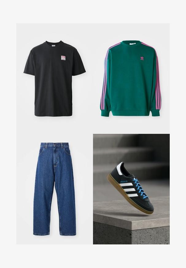 Grøn sweatshirt med lange ærmer, rund hals, pink tre-stribede detaljer på skuldrene og lille pink logo på brystet. Blødt stof.; Sort bomuld t-shirt med rund hals, korte ærmer og et lille farvet mærke på venstre bryst med ordet "SUPERIOR."; Denimwide-leg jeans i mørkeblå. Har høj talje, bæltestropper og klassisk fem-lommers design. Syet kant med en ren finish.; Sort Adidas sneaker med hvide striber, blå snørebånd og gummisål, der svæver over gråt betontrin i blødt lys.
