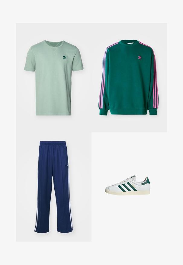 Sudadera verde con mangas largas, cuello redondo, acentos en tres franjas rosas en los hombros y pequeño logo rosa en el pecho. Textura de tela suave.; Camiseta de manga corta color menta con un patrón texturizado, cuello redondo y logo de adidas en verde oscuro en el lado izquierdo del pecho.; Pantalones deportivos en azul marino con un corte relajado, que presentan franjas laterales blancas y una cintura elástica. Tejido suave, sin patrones visibles ni herrajes.; Deportiva blanca con diseño de tres rayas verdes, suela de goma texturizada, punta redonda y lengüeta perforada. Presenta la marca "Gazelle" en dorado.