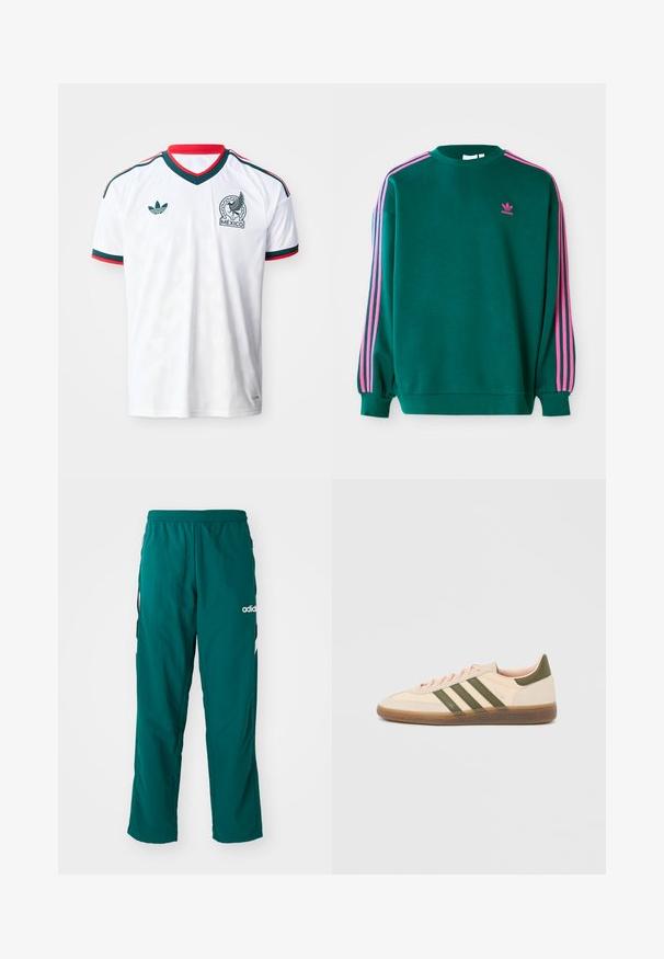 Green sweatshirt with long sleeves, crew neck, pink three-stripe accents on shoulders, and small pink logo on the chest. Soft fabric texture.; White soccer jersey with green and red trim, Adidas logo on right chest, and Mexico crest featuring a winged eagle on left chest.; Green athletic pants made from lightweight fabric, featuring an elastic waistband, side pockets, and white Adidas logo on the left side.; Low-profile beige Adidas Spezial sneaker with green stripes, gum sole, and "SPEZIAL" branding on side, shown from the outer side.