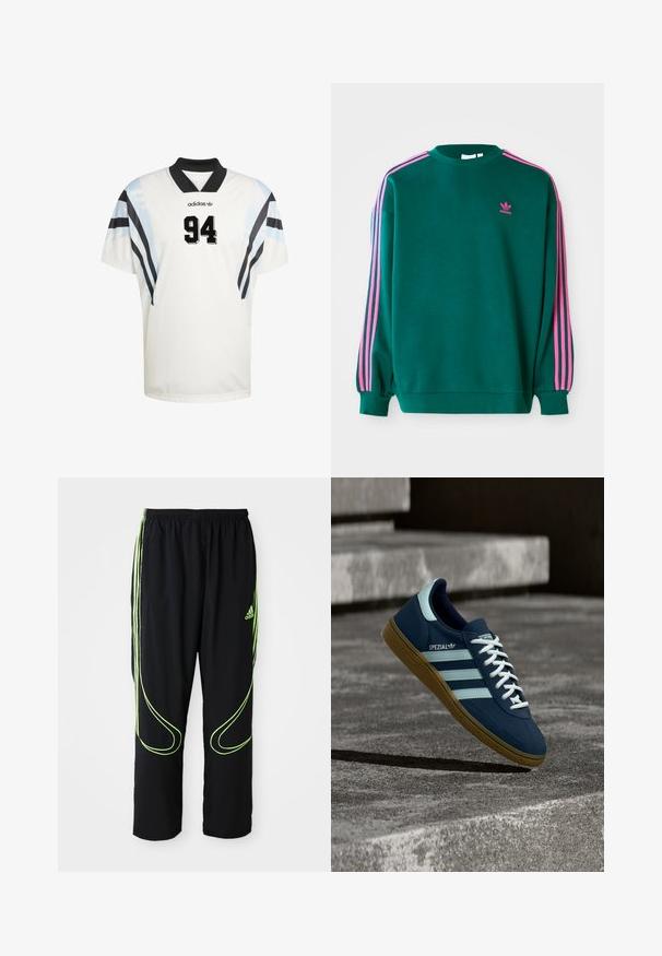 Πράσινο sweatshirt με μακριά μανίκια, στρογγυλή λαιμόκοψη, ροζ τρεις-γραμμές λεπτομέρειες στους ώμους και μικρό ροζ λογότυπο στο στήθος. Μαλακή υφή υφάσματος.; Λευκή αθλητική φανέλα με κοντά μανίκια, μαύρο γιακά και μπλε και μαύρες διαγώνιες ρίγες. Ο αριθμός «94» εμφανίζεται έντονα σε μαύρο χρώμα.; Μαύρα αθλητικά παντελόνια Adidas με νεον πράσινες καμπύλες γραμμές και τρεις ρίγες στα πλάγια, ελαστική μέση και λογότυπο Adidas στο μπροστινό μπούστο.; Μπλε sneaker Adidas Spezial με λευκές ρίγες και κορδόνια, λαστιχένια σόλα, αιωρείται πάνω από τραχιά επιφάνεια σκυροδέματος και σκαλοπάτια στο φόντο.