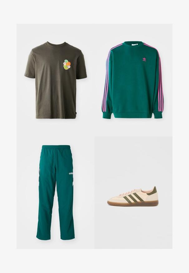 Grøn sweatshirt med lange ærmer, rund hals, pink tre-stribede detaljer på skuldrene og lille pink logo på brystet. Blødt stof.; Mørkeolivengrøn bomulds t-shirt med rund hals. Har et farverigt trykt design af cirkulære former på venstre brystområde.; Grønne træningsbukser lavet af letvægtsstof, med elastisk talje, sidelommer og hvidt Adidas-logo på venstre side.; Beige Adidas Spezial sneaker med lav profil, grønne striber, gummisål og "SPEZIAL"-branding på siden, vist fra ydersiden.