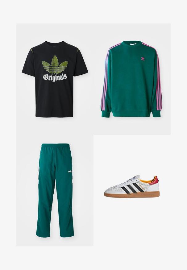 Sudadera verde con mangas largas, cuello redondo, acentos en tres franjas rosas en los hombros y pequeño logo rosa en el pecho. Textura de tela suave.; Camiseta de algodón negra con un gráfico verde desgastado que presenta tres rayas y la palabra "Originales" debajo en blanco, cuello redondo, mangas cortas.; Pantalones deportivos verdes hechos de tela ligera, con una cinturilla elástica, bolsillos laterales y el logo blanco de Adidas en el lado izquierdo.; Zapatilla Adidas Spezial blanca con rayas negras, suela de goma, patrón acolchado, lengüeta roja en el talón y forro interior amarillo, vista lateral.