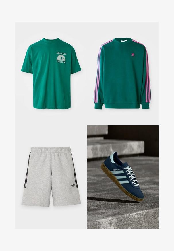 Grøn sweatshirt med lange ærmer, rund hals, pink tre-stribede detaljer på skuldrene og lille pink logo på brystet. Blødt stof.; Grøn bomulds T-shirt med rund halsudskæring. Har et grafisk print i hvid, der læser "Ellesse 1959 Club di Corsa" på venstre bryst.; Lysegrå atletikshorts med elastisk linning, sorte sidelommer med lynlås, sorte striber på siderne og et lille sort Adidas-logo på den nederste højre ben.; Blå Adidas Spezial sneaker med hvide striber og snørebånd, gummisål, svævende over en ru betongoverflade og trin i baggrunden.