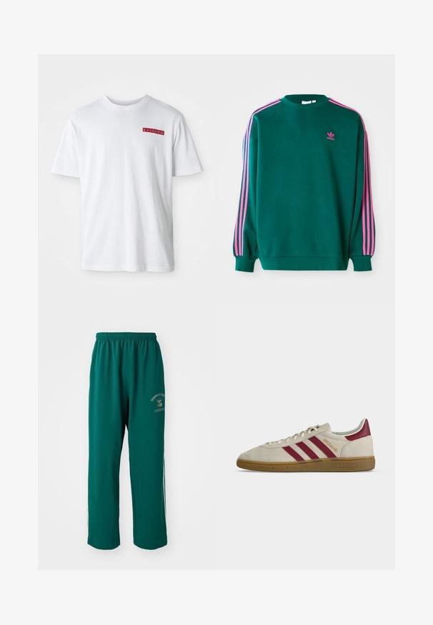 Sudadera verde con mangas largas, cuello redondo, acentos en tres franjas rosas en los hombros y pequeño logo rosa en el pecho. Textura de tela suave.; Camiseta de algodón blanca con cuello redondo, mangas cortas y un pequeño detalle gráfico rojo en el área del pecho izquierdo.; Pantalones deportivos verdes de tela suave, con cintura elástica, impresión de logo en un lado y franjas laterales blancas. Corte regular.; Zapatilla beige Adidas Spezial con tres franjas burdeos, lengüeta trasera burdeos, suela de goma y texto dorado "Spezial" en el lateral.