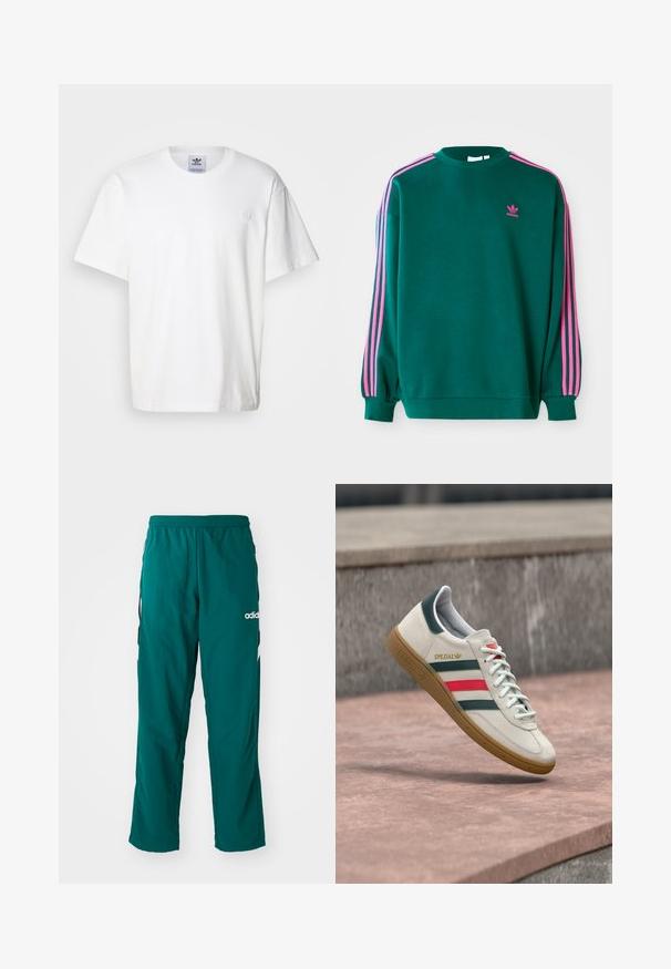 Grüner Sweatshirt mit langen Ärmeln, Rundhalsausschnitt, rosa drei Streifen Akzenten an den Schultern und kleinem rosa Logo auf der Brust. Weiche Stoffstruktur.; Weißes Baumwoll-T-Shirt mit Rundhalsausschnitt und kurzen Ärmeln. Verfügt über ein kleines, gesticktes Logo auf der Brust. Einfaches und klassisches Design.; Grüne Sporthose aus leichtem Material, mit elastischem Bund, seitlichen Taschen und weißem Adidas-Logo auf der linken Seite.; Weißer Adidas Sneaker mit grünen und roten Streifen, Gummisohle und "SPEZIAL"-Branding, der über einem Steinpflaster schwebt.