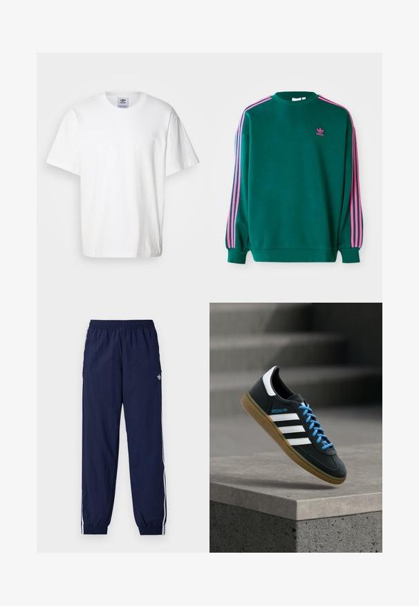 Grøn sweatshirt med lange ærmer, rund hals, pink tre-stribede detaljer på skuldrene og lille pink logo på brystet. Blødt stof.; Hvid bomulds t-shirt med rund hals og korte ærmer. Har et lille, broderet logo på brystet. Enkel og klassisk design.; Mørkeblå træningsbukser lavet af letvægtsstof med hvide striber på siderne, elastisk taljebånd og lille logo.; Sort Adidas sneaker med hvide striber, blå snørebånd og gummisål, der svæver over gråt betontrin i blødt lys.