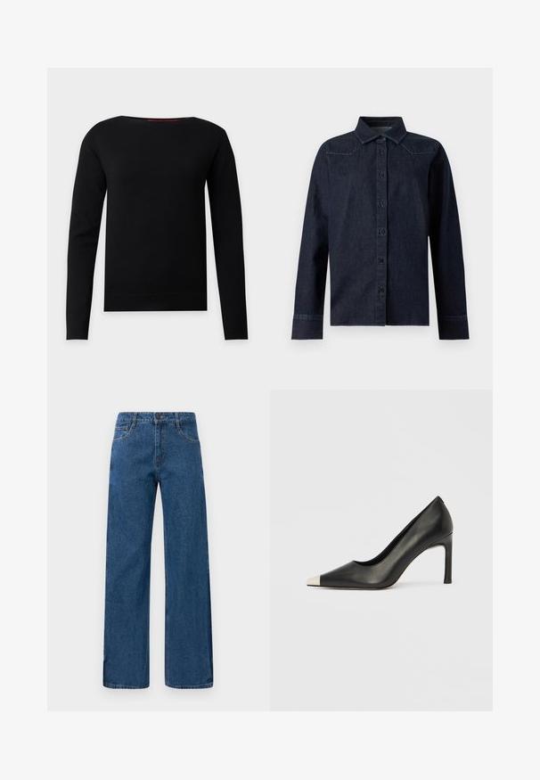 Sort langærmet crew neck-pullover med et enkelt, tætsiddende design på en lys grå baggrund.; Mørkeblå denimskjorte med lange ærmer, knapper foran, spids krave og enkle syningsdetaljer på skuldre og manchetter.; Blå højtaljede vide ben-jeans med for- og baglommer, knaplukning og synlig syning på en hvid baggrund.; Sort læder højhælet sko med spids tå og metal-sølv hætte. Har en glat finish og en slank hæl på 10 cm.