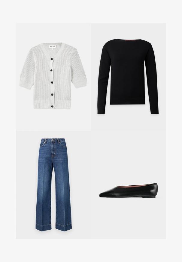 Sort langærmet crew neck-pullover med et enkelt, tætsiddende design på en lys grå baggrund.; Grå strikket cardigan med V-hals, trekvartærmer, tekstureret stof og sorte blomsterknapper foran.; Blå højtaljede vidde jeans i denim med frontlommer, knaplukning og synlige syningsdetaljer på en ensfarvet hvid baggrund.; Sort damesko i læder med flad hæl og spids tå, vist fra siden på en ensfarvet lys grå baggrund.