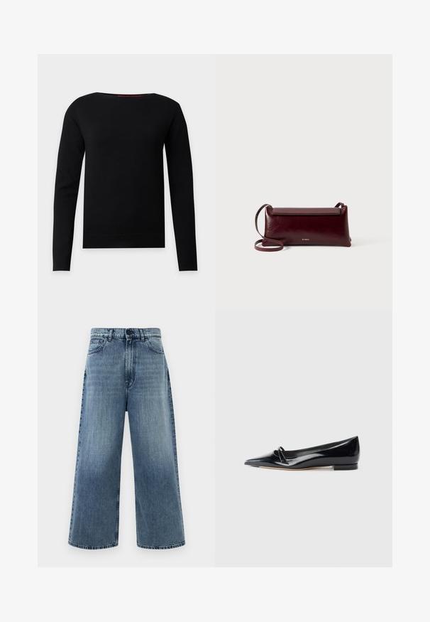 Sort langærmet crew neck-pullover med et enkelt, tætsiddende design på en lys grå baggrund.; Lyseblå vide jeans lavet af denim, med høj talje, forlommer og klassisk syning. Ingen synlige dekorationer.; Sorte patentlæder flade sko med spids tå, lille dekorativ rem og lav blokhæl. Glat tekstur og strømlinet design.; Bordeaux læder crossbody taske med en glat tekstur, rektangulær form, flaplukning og en tynd justerbar rem. Guldlogo detalje synlig.