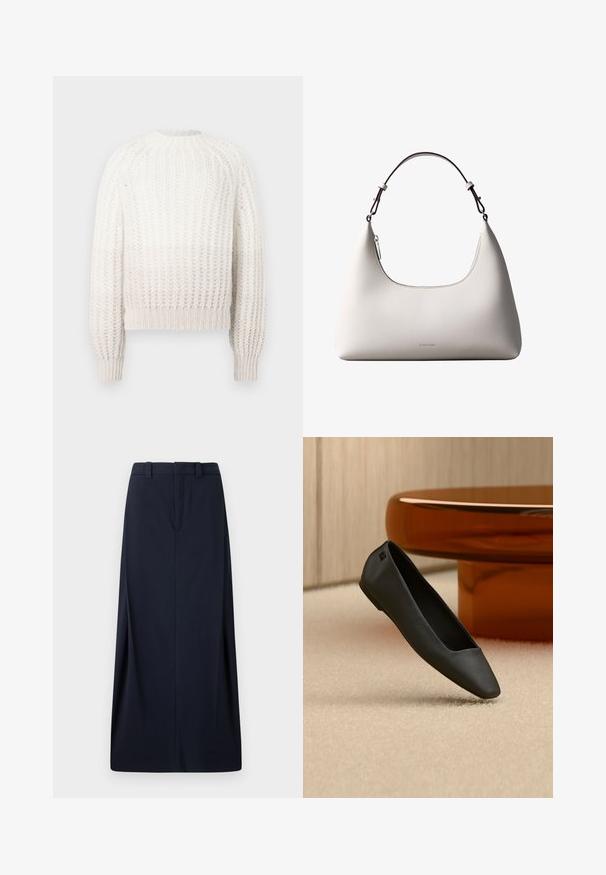 DRYKORN LARELYA - Trui - beige; Navyblauwe lange rok van geweven stof, met een recht model, riemlussen en een verborgen rits. Strakke lijnen en minimalistisch ontwerp.; Zwarte platte schoen met puntige neus, rustend op een beige tapijt naast een ronde amberkleurige tafel in een minimalistische kamer.; Romige Calvin Klein leren schoudertas met gebogen bovenrand, zilveren rits en donkerbruine verstelbare riem.