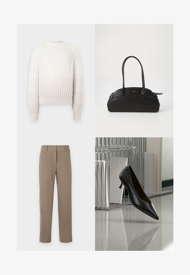DRYKORN LARELYA - Pullover - beige; Pantalon kaki droit avec passants de ceinture et fermeture éclair frontale sur fond blanc.; Chaussure en cuir noir à bout pointu et talon kitten flottant au-dessus d'un sol gris moucheté, à côté d'un organiseur de fichiers en métal contenant des dossiers.; Sac à main en cuir noir de forme arrondie, avec deux longues poignées, des éléments en métal doré et une petite étiquette accrochée. Fermeture zippée sur le dessus.