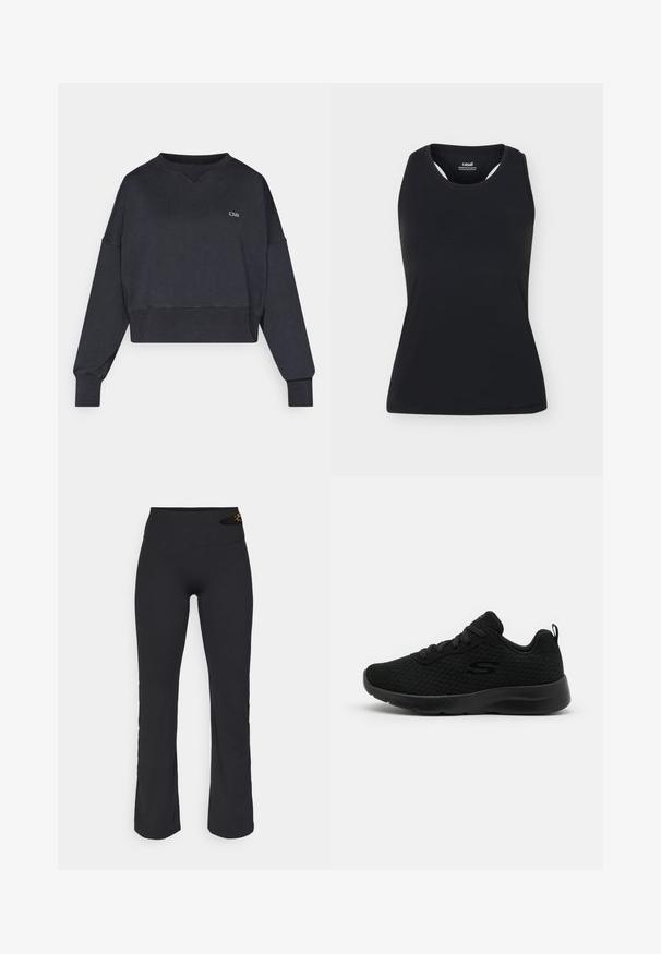 Sweat-shirt court noir à manches longues. Présente des poignets et un ourlet côtelés, un col rond, et un petit logo sur la poitrine. Texture douce.; Débardeur de sport noir sans manches avec encolure ronde et dos nageur, présenté sur un fond uni clair.; Pantalon de yoga noir à taille haute, texture lisse, design à jambe évasée et petit accent à motif léopard sur la ceinture.; Baskets de sport noires avec une tige en mesh, un col rembourré, un design à lacets et une semelle en caoutchouc texturé. Silhouette simple et épurée.