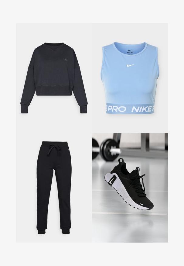 Must must lühikeste varrukatega lõigatud pusa. Omadused: soonikkoes mansetid ja alaäär, ümar kaelus ning väike logo rinnal. Pehme tekstuur.; Hele sinine varrukateta sportlik lühike topp valge Nike swoosh'i ja "NIKE PRO" tekstiga elastsel vöökohal, valgel taustal.; Mustad mustakesed paelaga vöökohal, ribatud randmete ja vaevu märgatava logoplaadiga puusal. Valmistatud pehmest ja venivast materjalist.; Must spordijalats, millel on tekstureeritud kangast pealmine osa, valge tallaga ja silmatorkava paelasüsteemiga. Omab Nike logo ning pehme ja polsterdatud disain.