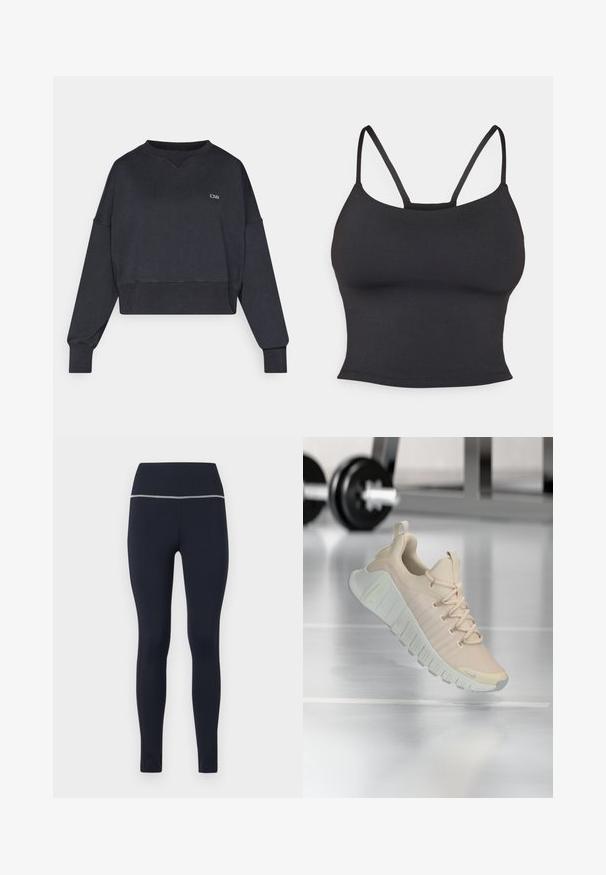 Sort cropped sweatshirt med lange ærmer. Har ribbede manchetter og kant, en rund halsudskæring og et lille logo på brystet. Blød tekstur.; Sort tætsiddende camisole lavet af glat stof, med tynde stropper og rund halsudskæring, uden yderligere mønstre eller accenter.; Marineblå tætsiddende leggings lavet af strækbart stof, med en bred talje med reflekterende kant langs toppen for synlighed.; Letvægts sneaker i en blød beige farve. Har en tekstureret overdel, flade snørebånd og en tyk, rillede sål med subtile brandingsdetaljer.
