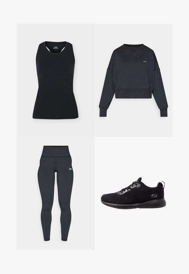 Schwarzer, kurz geschnittener Pullover mit langen Ärmeln. Verfügt über gerippte Bündchen und Saum, einen Rundhalsausschnitt und ein kleines Logo auf der Brust. Weiche Textur.; Schwarzes ärmelloses Sporttanktop mit rundem Ausschnitt und Racerback-Design, auf schlichtem, hellem Hintergrund dargestellt.; Schwarze hochtaillierte sportliche Leggings mit enganliegendem Design, glatter Textur und einem kleinen weißen Logo an der linken Hüfte.; Schwarze Sportschuhe mit einem strukturierten Strickobermaterial, Schnürdesign, gepolstertem Schaft und einer gepolsterten Gummisohle mit gerippten Details.