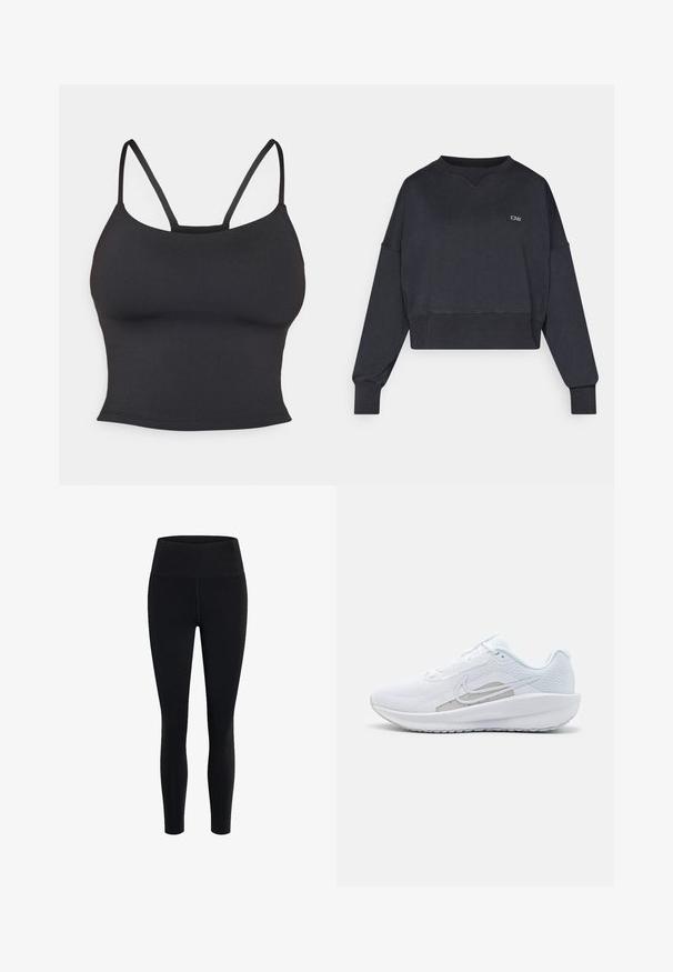 Sort cropped sweatshirt med lange ærmer. Har ribbede manchetter og kant, en rund halsudskæring og et lille logo på brystet. Blød tekstur.; Sort tætsiddende camisole lavet af glat stof, med tynde stropper og rund halsudskæring, uden yderligere mønstre eller accenter.; Girlfriend Collective FLOAT HIGH RISE LEGGING 7/8 - Tights - black; Hvid træningssko med mesh-overdel, rund tå og tekstureret sål. Har et sølvfarvet Nike-swoosh og et minimalistisk design.